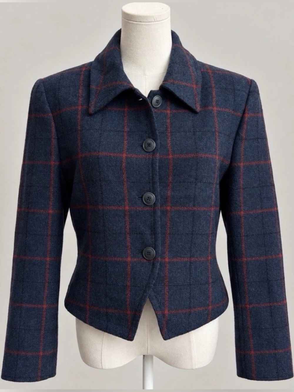 Georgiou Studio Wool Blazer Womens 8 Navy Burgundy Plaid Cropped